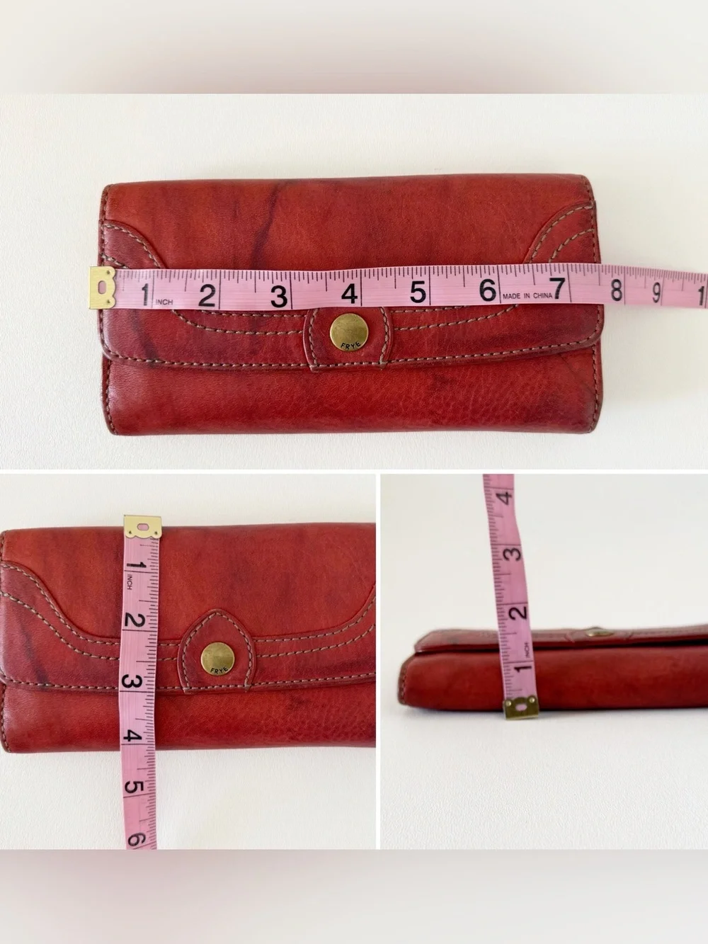Frye Wallet Distressed Red Leather Slim Organizer Snap Button